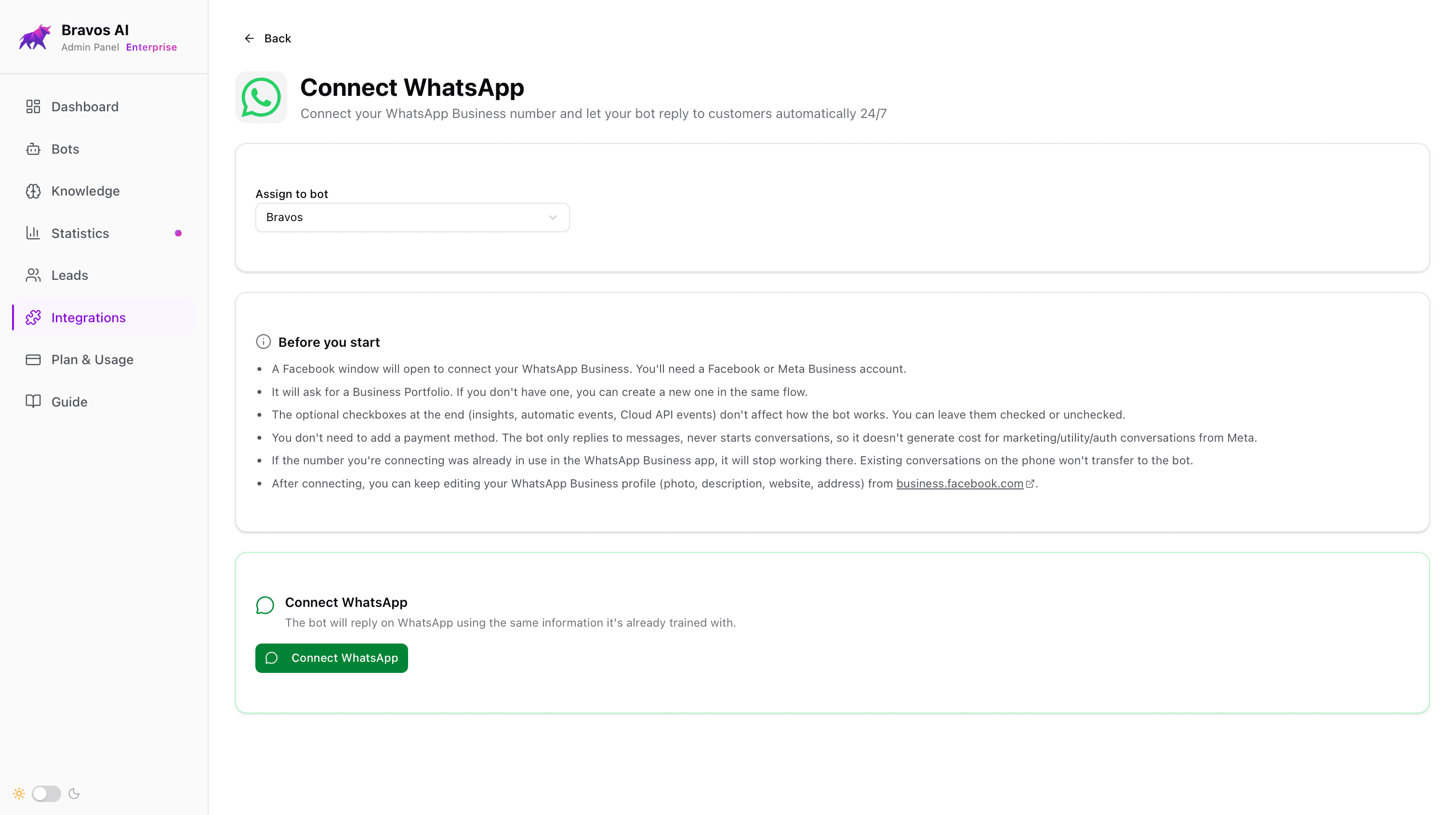 Bravos AI dashboard with the WhatsApp connection screen: bot selector and pre-flight checklist before launching the Meta popup