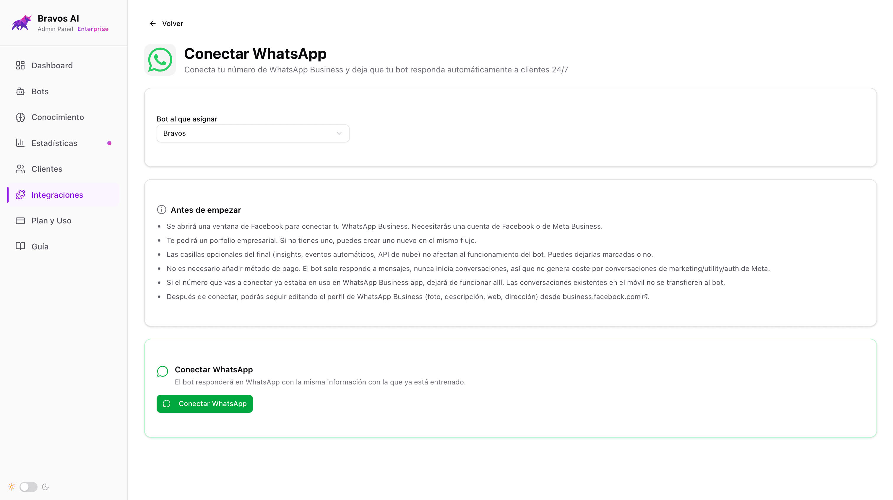 Pantalla del panel de Bravos AI para conectar WhatsApp Business: selección de bot y resumen de pasos antes de pulsar Conectar WhatsApp