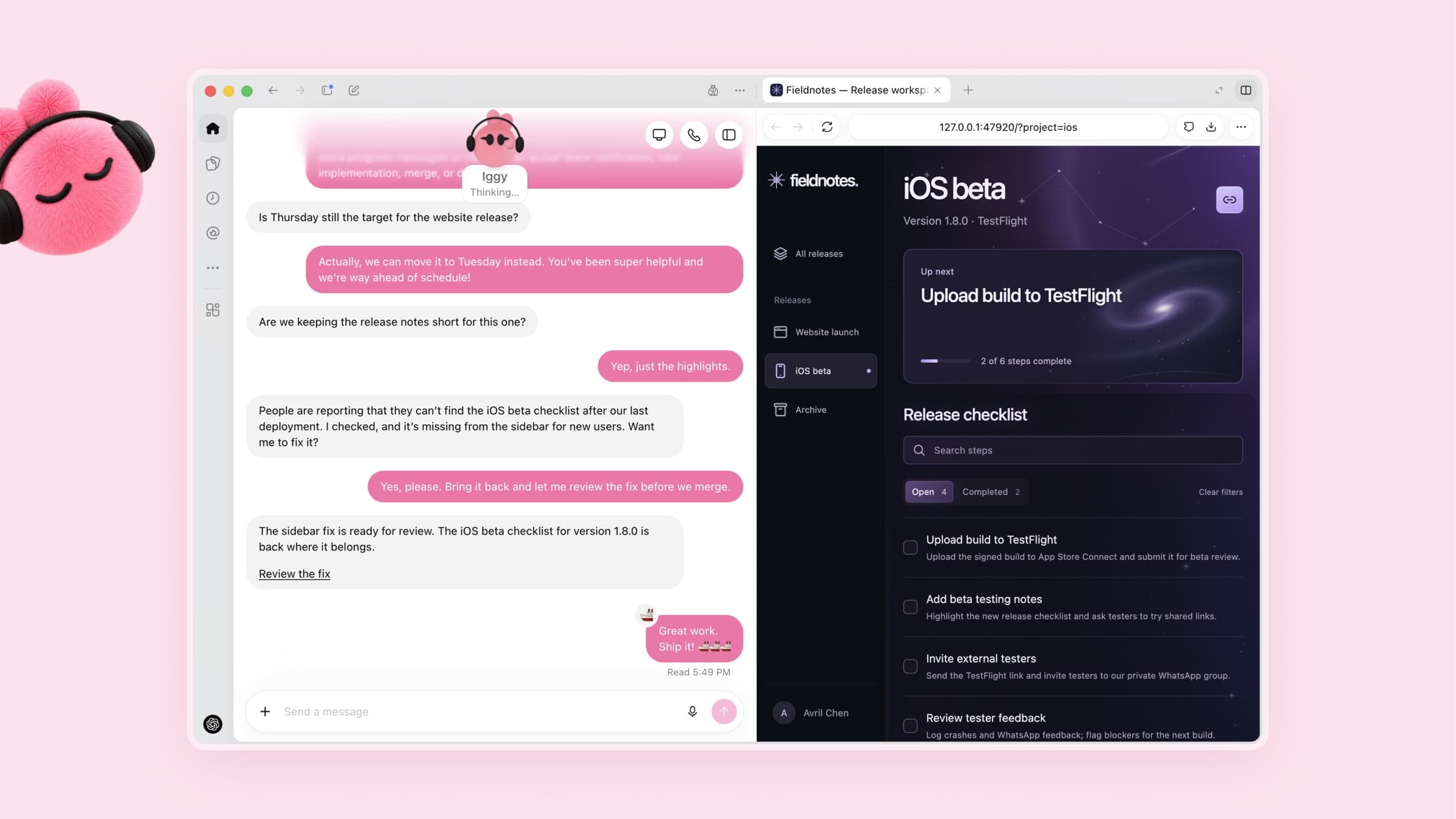Iggy, un dot de OpenAI, avisa de que la lista de comprobación de la beta de iOS ha desaparecido, propone arreglarlo y entrega el cambio para revisión