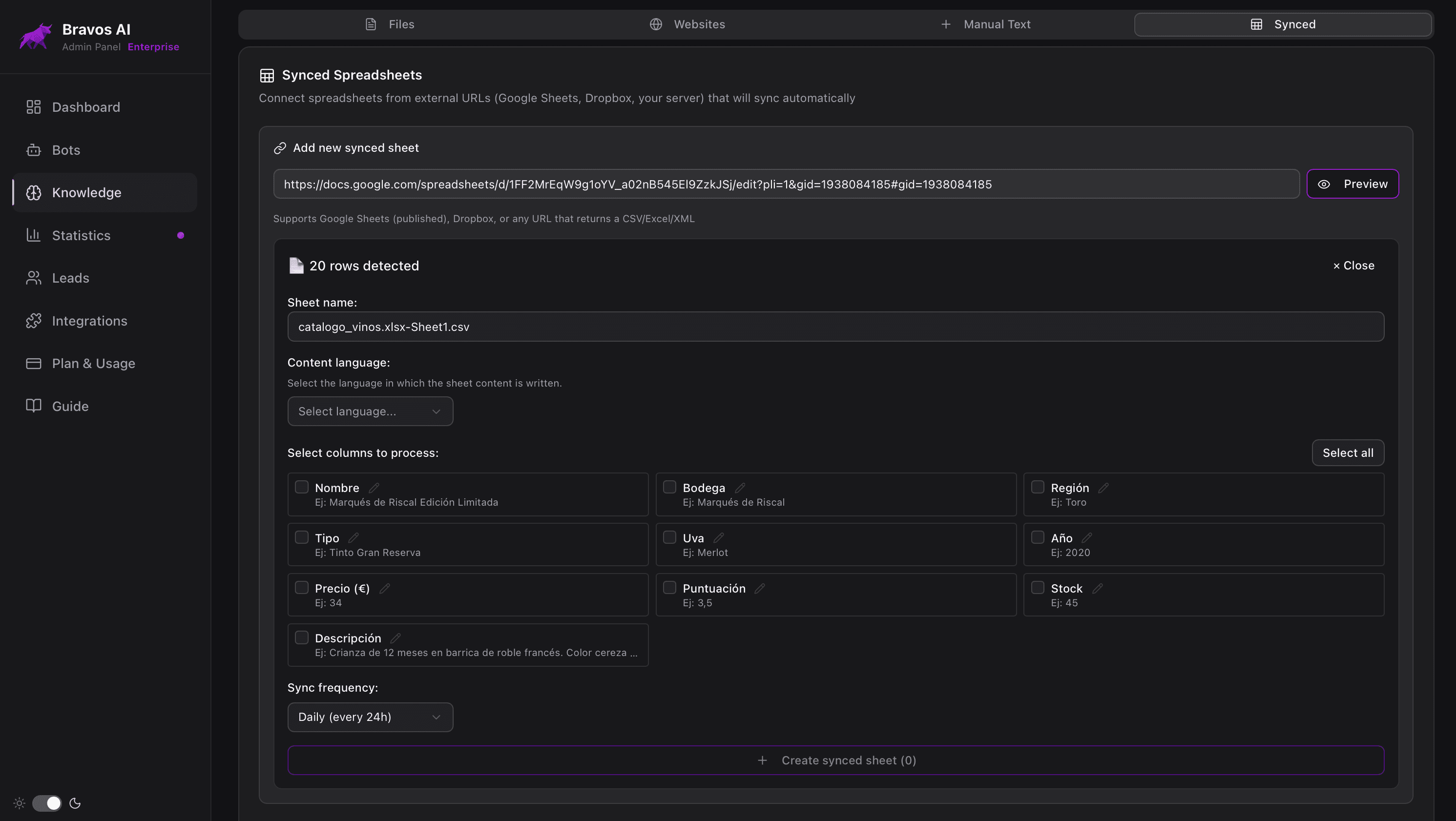 Bravos AI dashboard connecting a Google Sheet: public URL, column-selection options and daily sync frequency