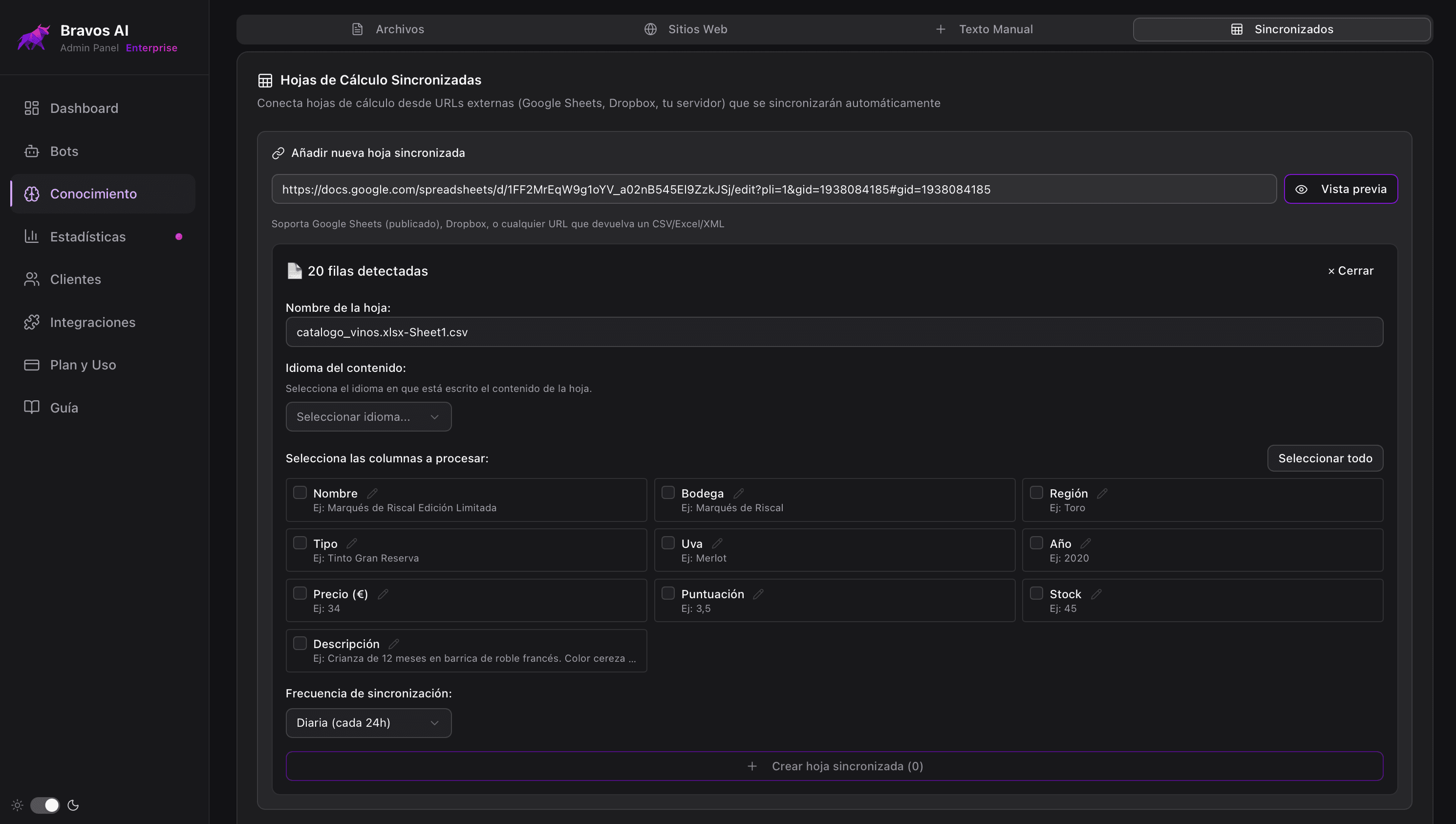Panel de Bravos AI conectando una hoja de Google Sheets: URL pública, selección de columnas a procesar y frecuencia de sincronización diaria