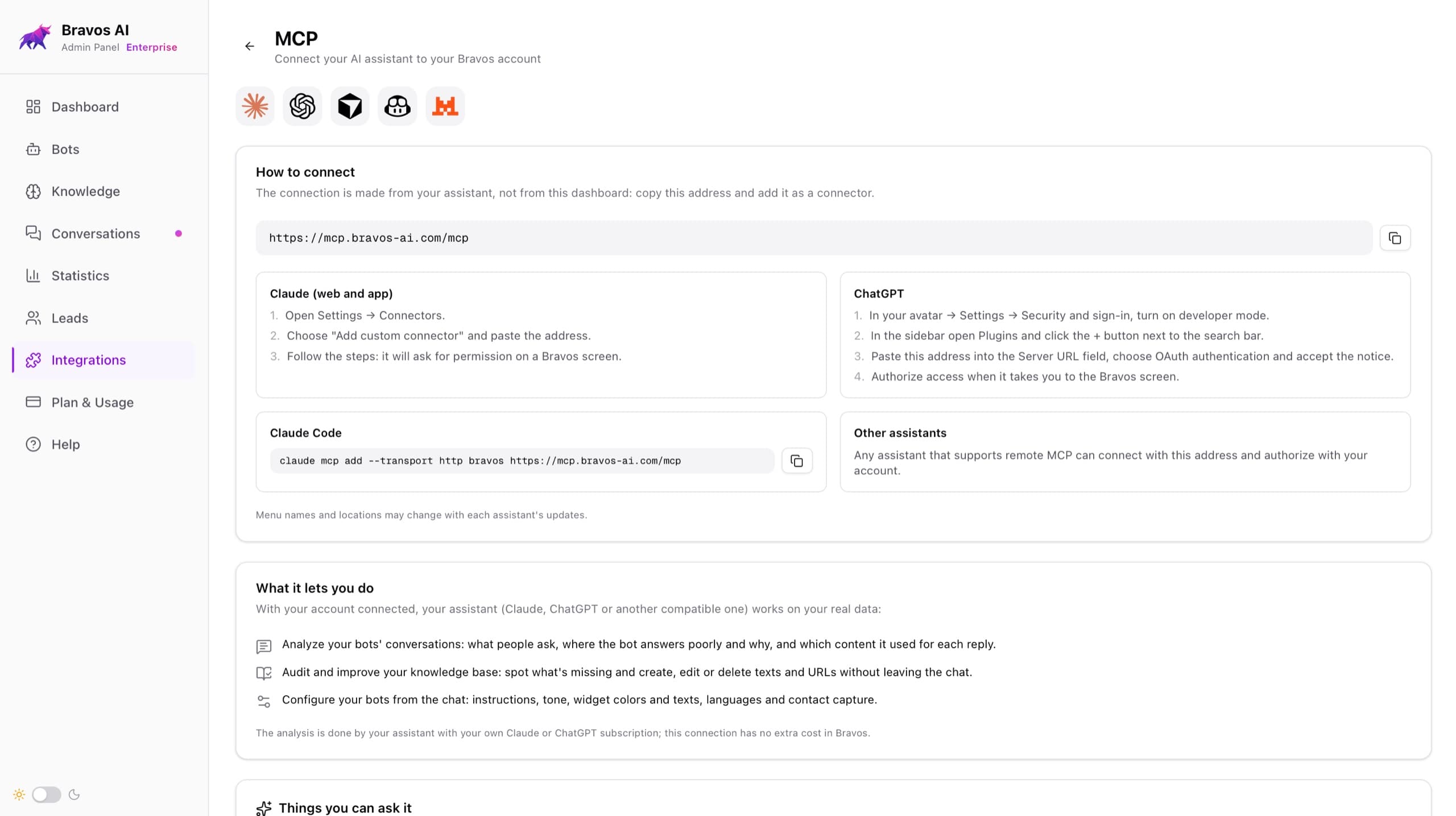Integrations → MCP page in the Bravos panel, with the MCP server address to connect the chatbot to Claude or ChatGPT