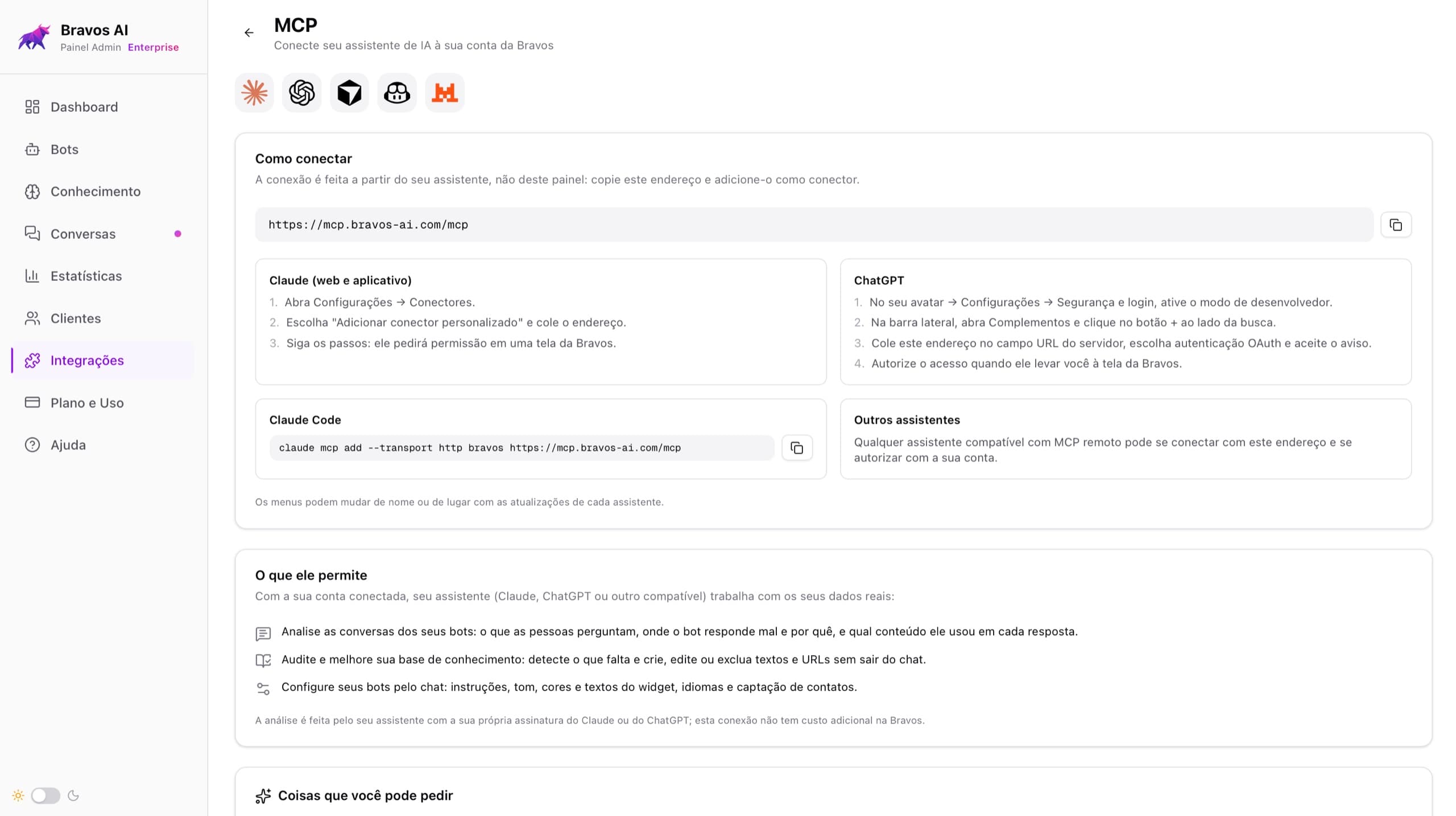 Página Integrações → MCP no painel da Bravos, com o endereço do servidor MCP para conectar o chatbot ao Claude ou ao ChatGPT
