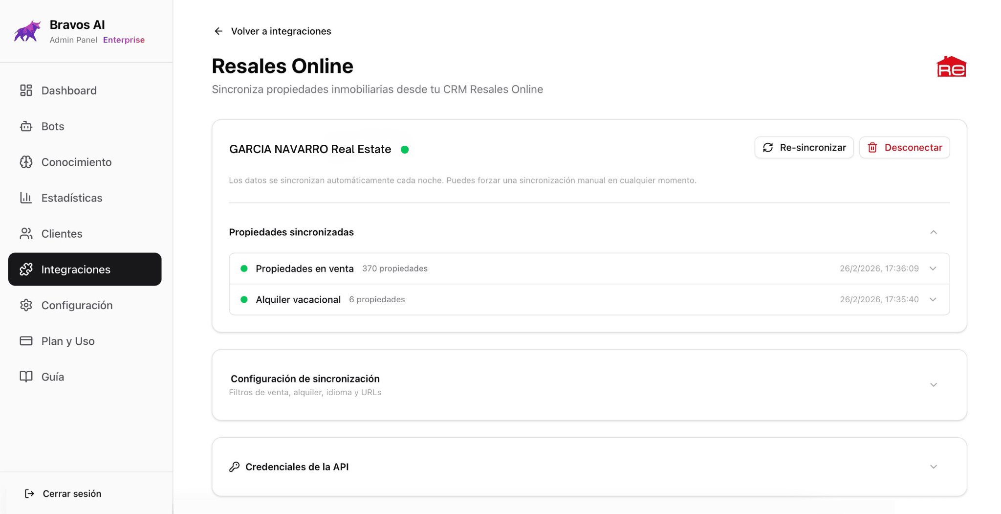 Panel de Bravos AI mostrando la integración con Resales Online: 370 propiedades en venta y 6 de alquiler vacacional sincronizadas