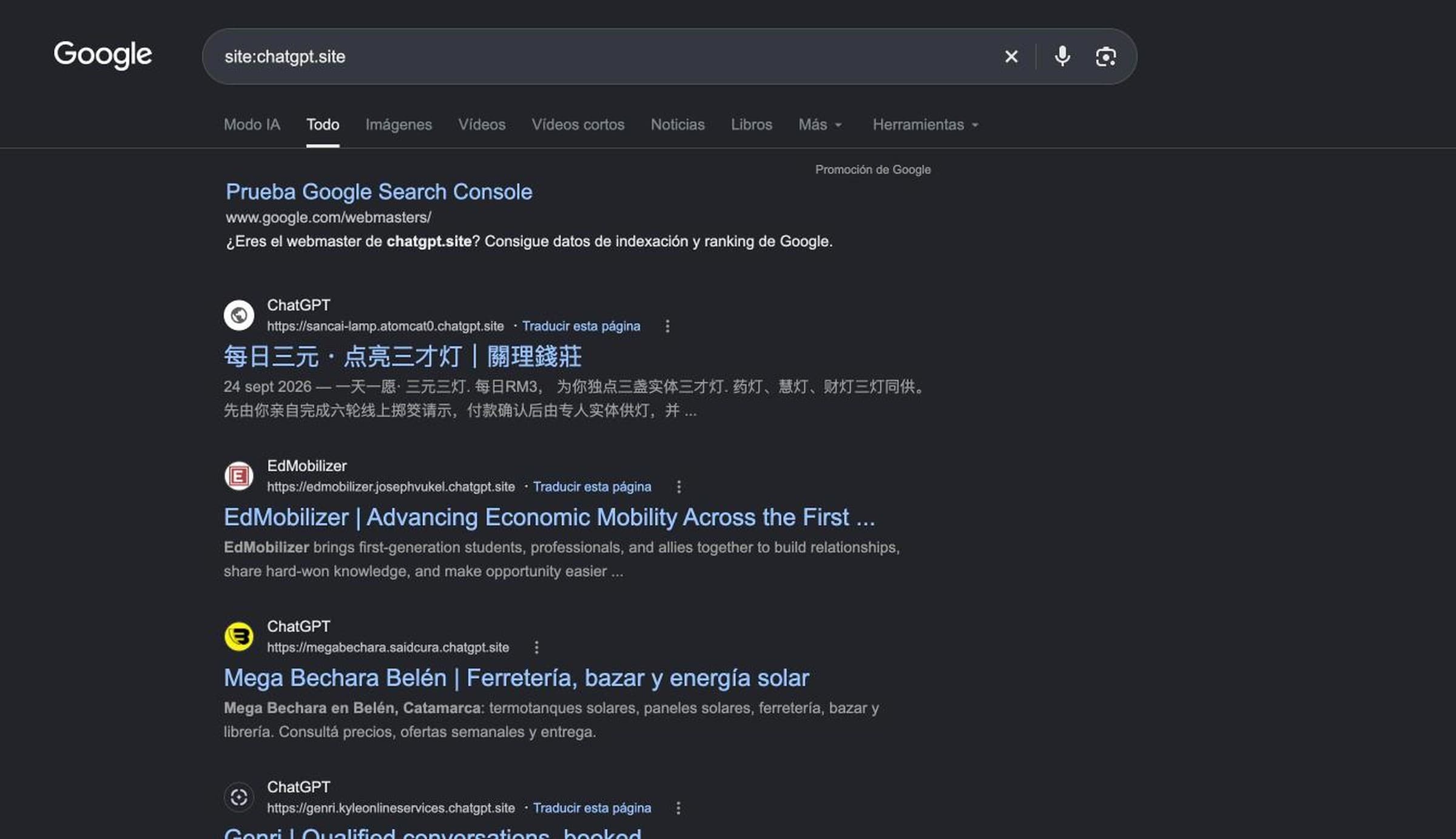 Google results for the search site:chatgpt.site, showing real business websites published with ChatGPT Sites
