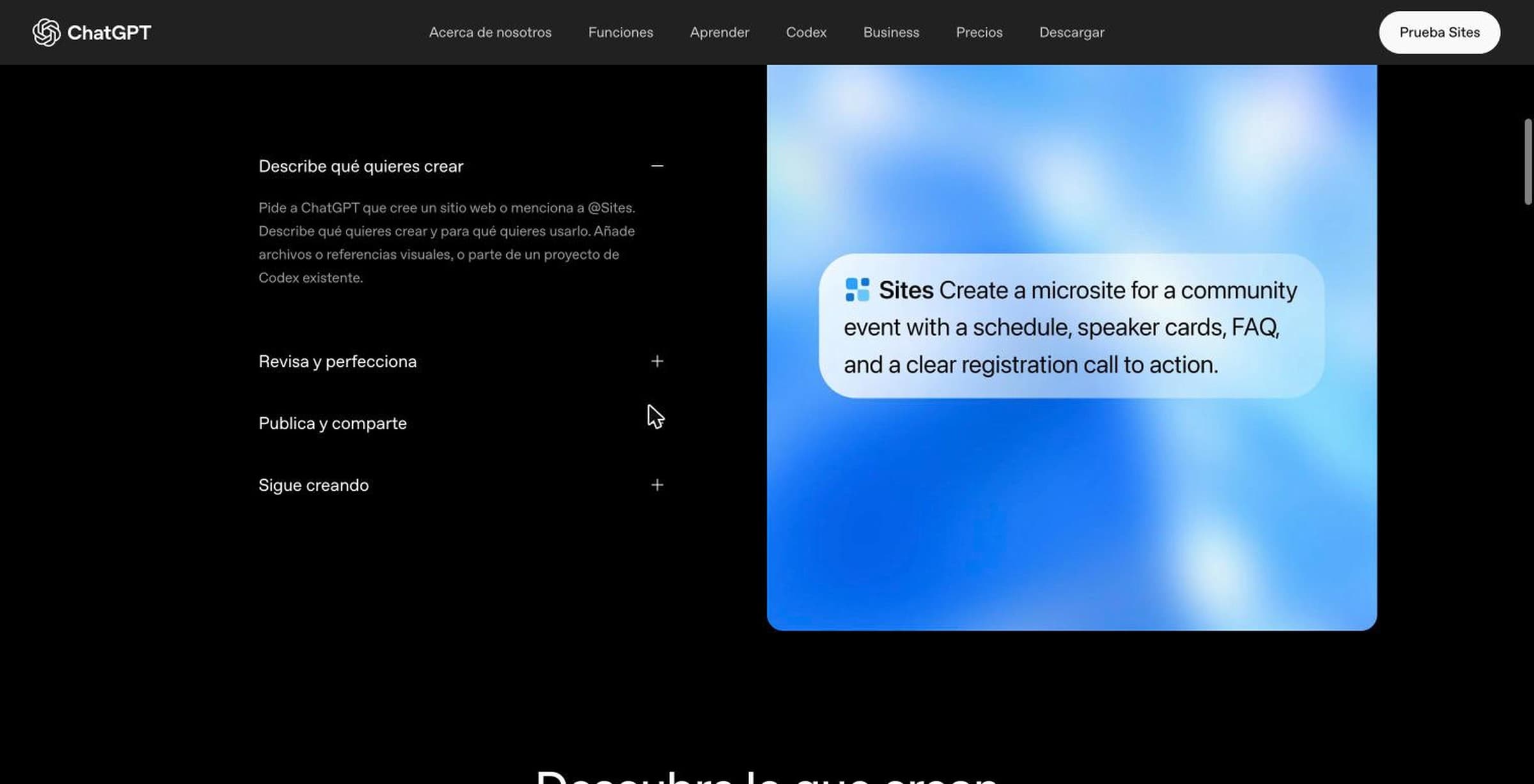 ChatGPT Sites page with the four steps: describe what you want to create, review and refine, publish and share, keep building; with an example prompt for an event microsite