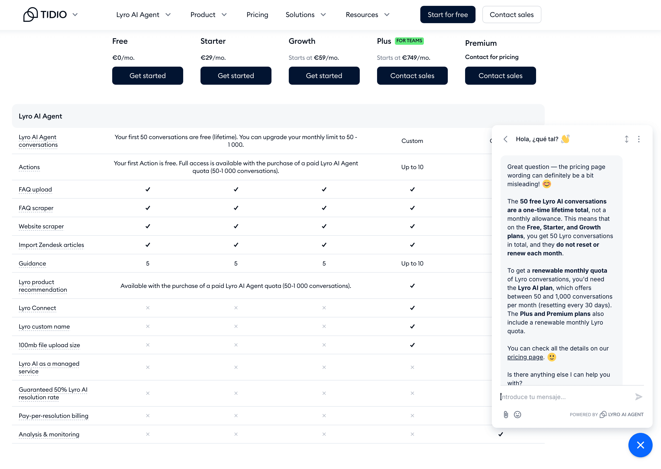 Tidio pricing table and Lyro confirming that the 50 free-plan AI conversations are a one-time lifetime total, not monthly