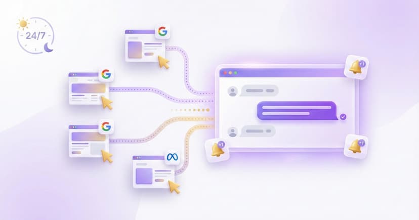 Chatbot atendiendo tráfico de campañas de Google Ads y Meta Ads en una landing page 24/7