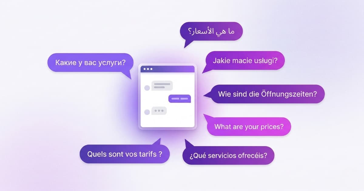 Chatbot multiidioma con burbujas de conversación en alemán, francés, ruso, árabe, polaco, inglés y español