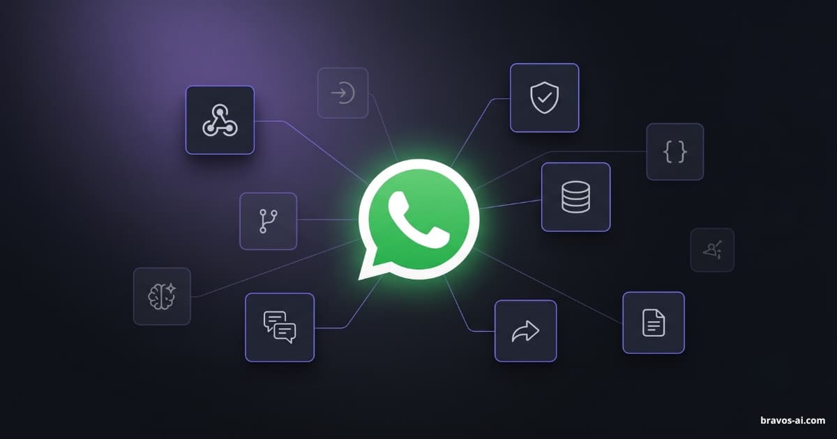 Diagrama estilizado de nueve bloques conectados representando los componentes que hay que construir para un chatbot de WhatsApp con n8n, Make o Zapier