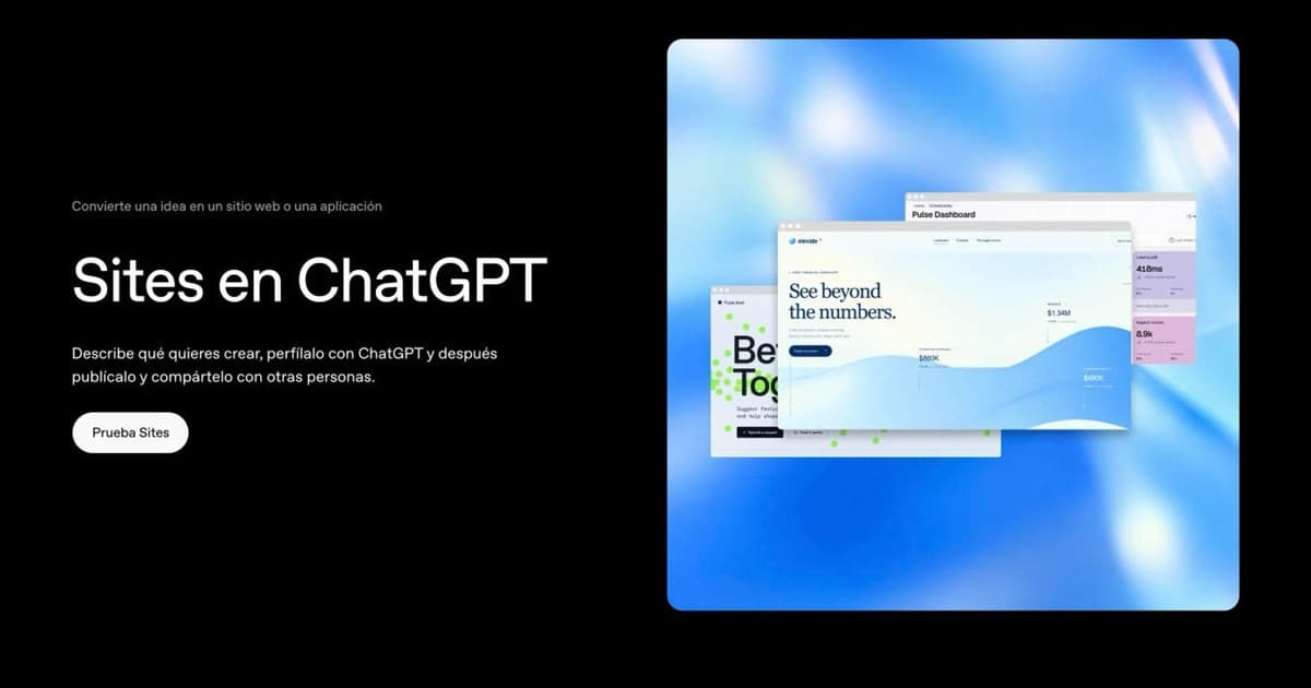 Sites in ChatGPT: OpenAI’s product page with three example sites, a data dashboard, a services page and a form