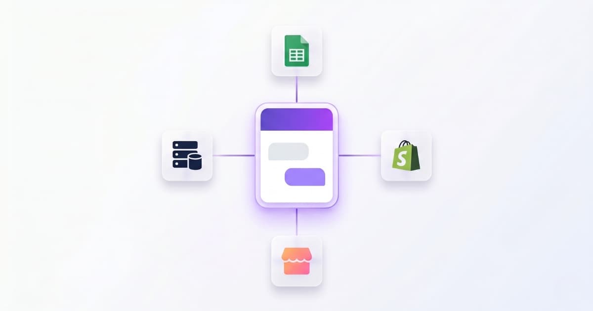 Four arrows feeding a central chatbot from a spreadsheet, a Shopify store, a PrestaShop store and a custom system, without passing through Zapier or n8n