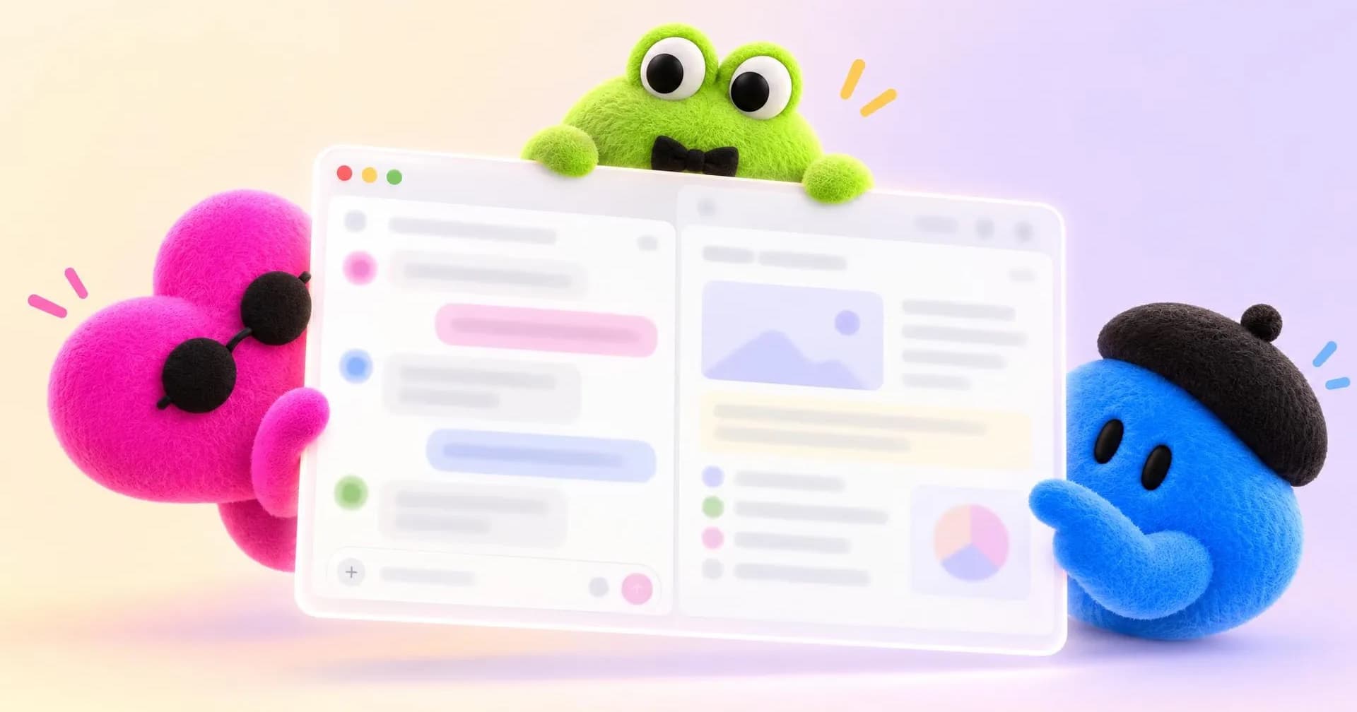 Tres dots de OpenAI, los agentes siempre activos de ChatGPT, asomados a una ventana de chat y un panel de trabajo