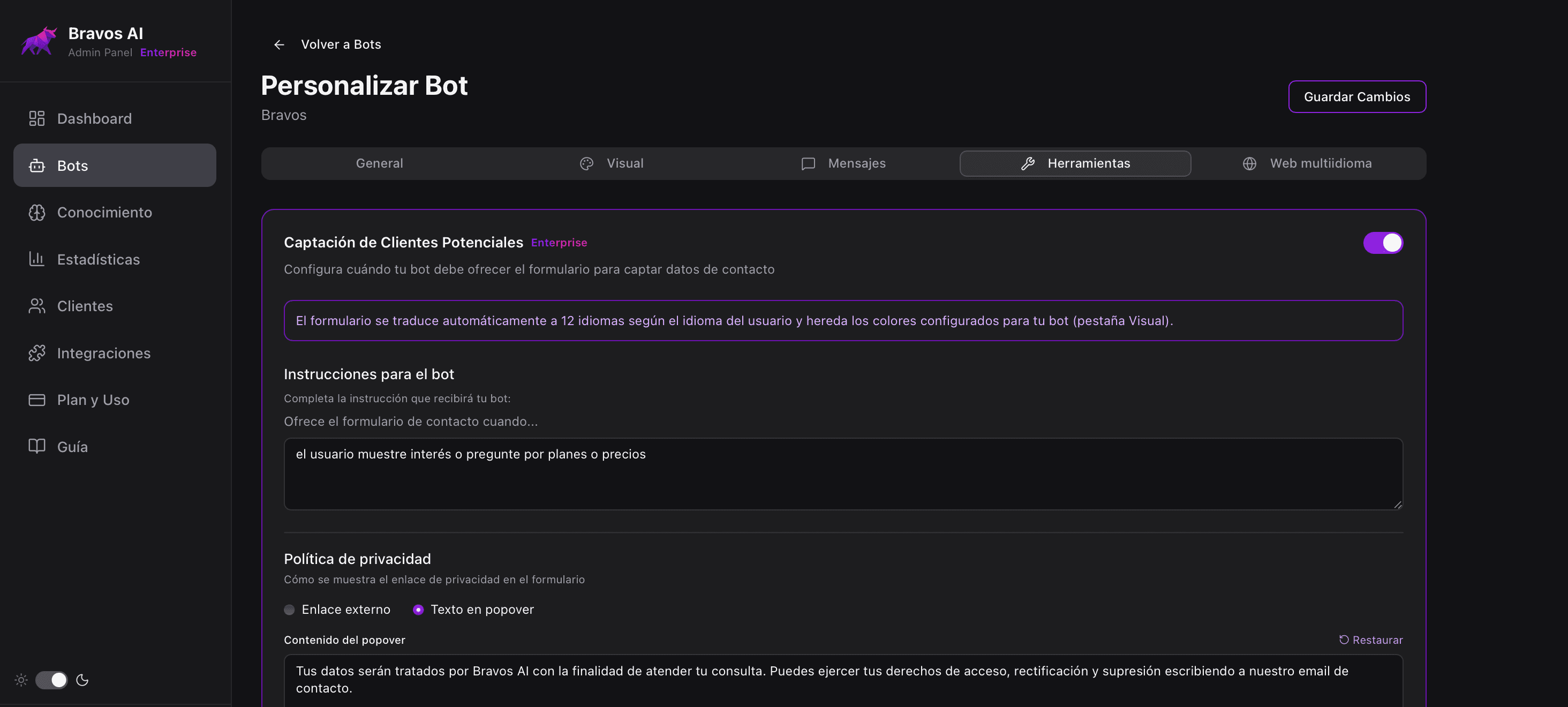 Panel de configuración de captación de leads en Bravos: instrucciones personalizables para el bot sobre cuándo ofrecer el formulario de contacto