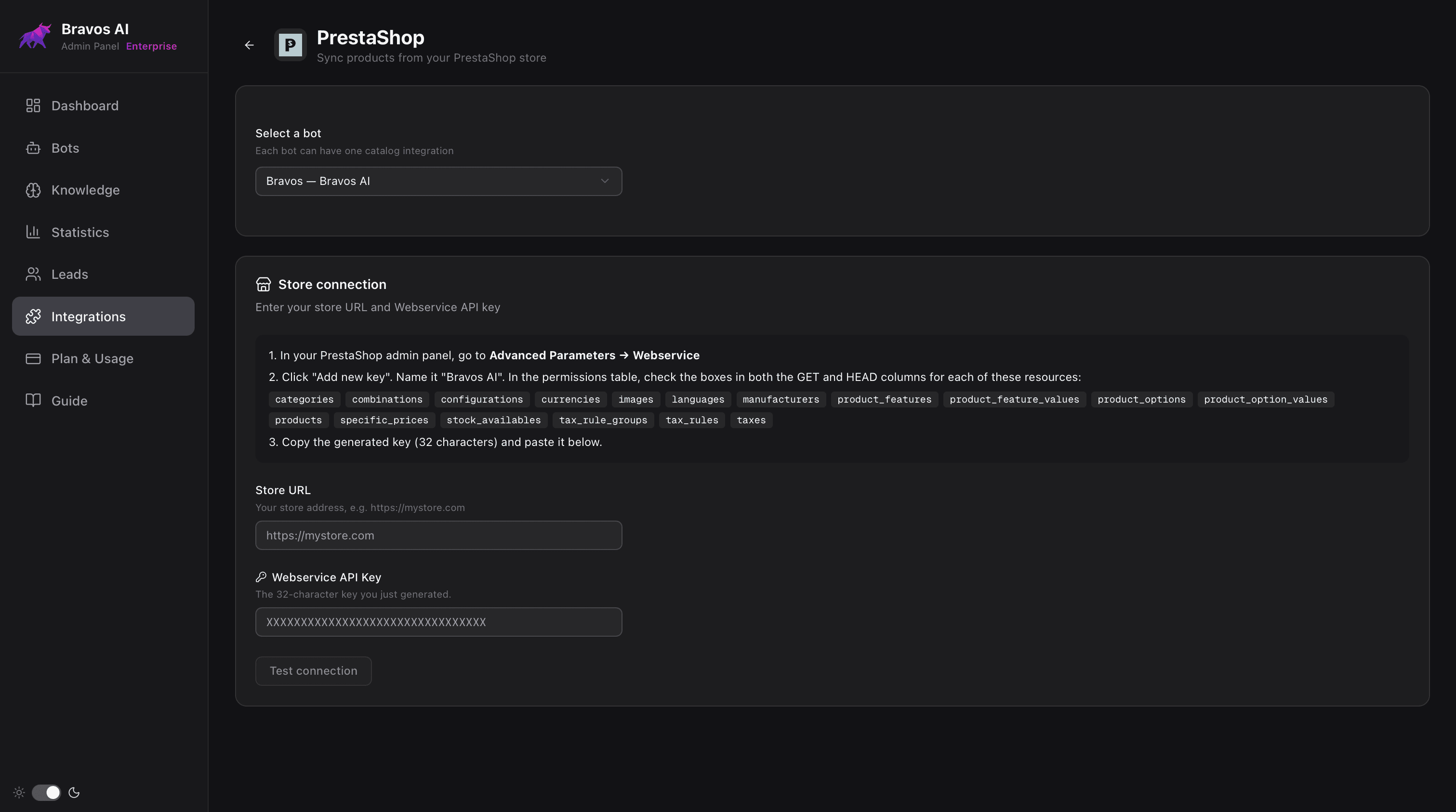 Bravos AI dashboard showing PrestaShop connection: step-by-step instructions for creating the Webservice key and fields for store URL and API key