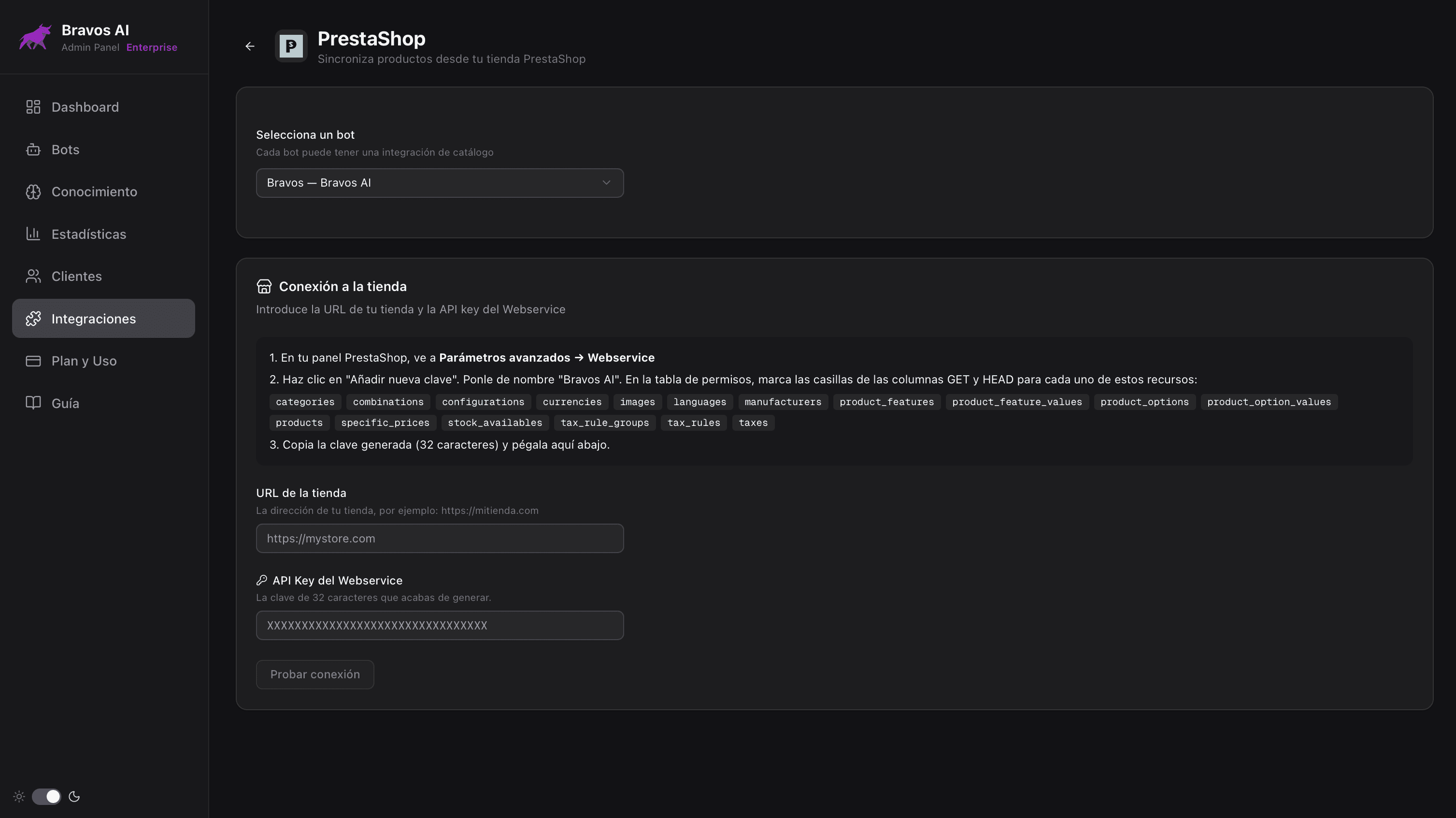 Panel de Bravos AI mostrando la conexión con PrestaShop: instrucciones paso a paso para crear la clave del Webservice y campos para URL y API key