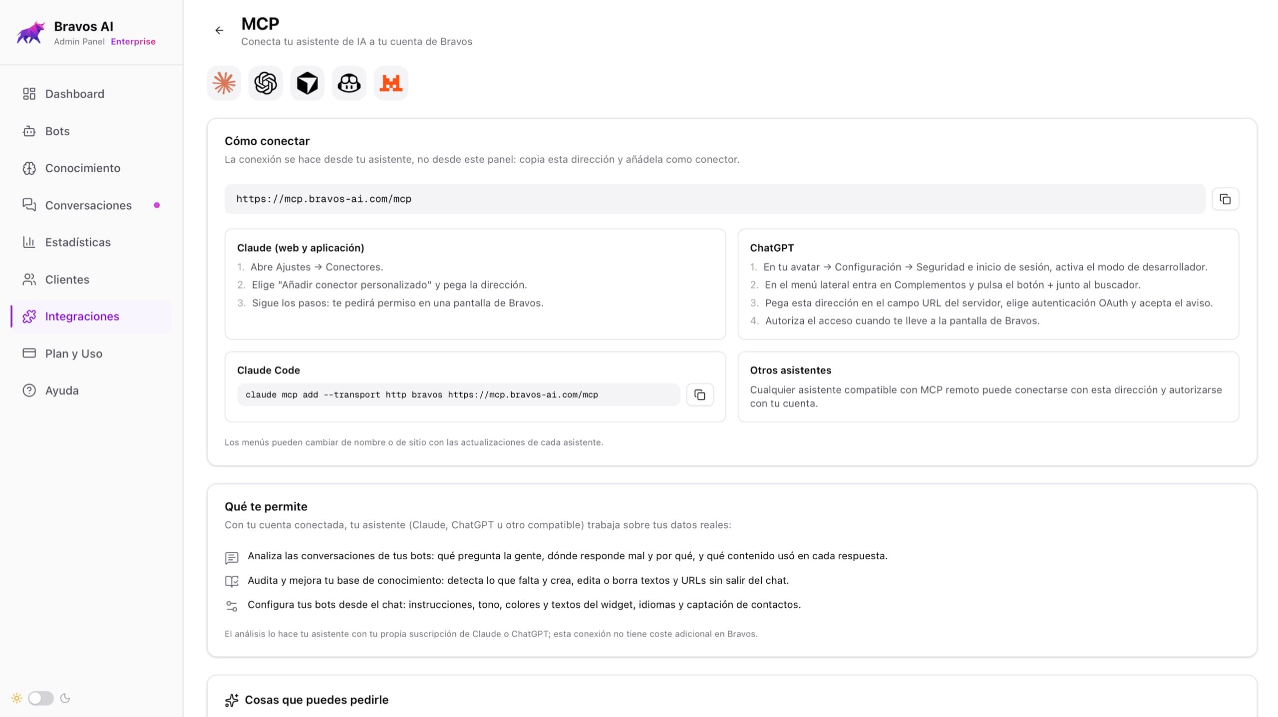 Página Integraciones → MCP en el panel de Bravos, con la dirección del servidor MCP para conectar el chatbot a Claude o ChatGPT