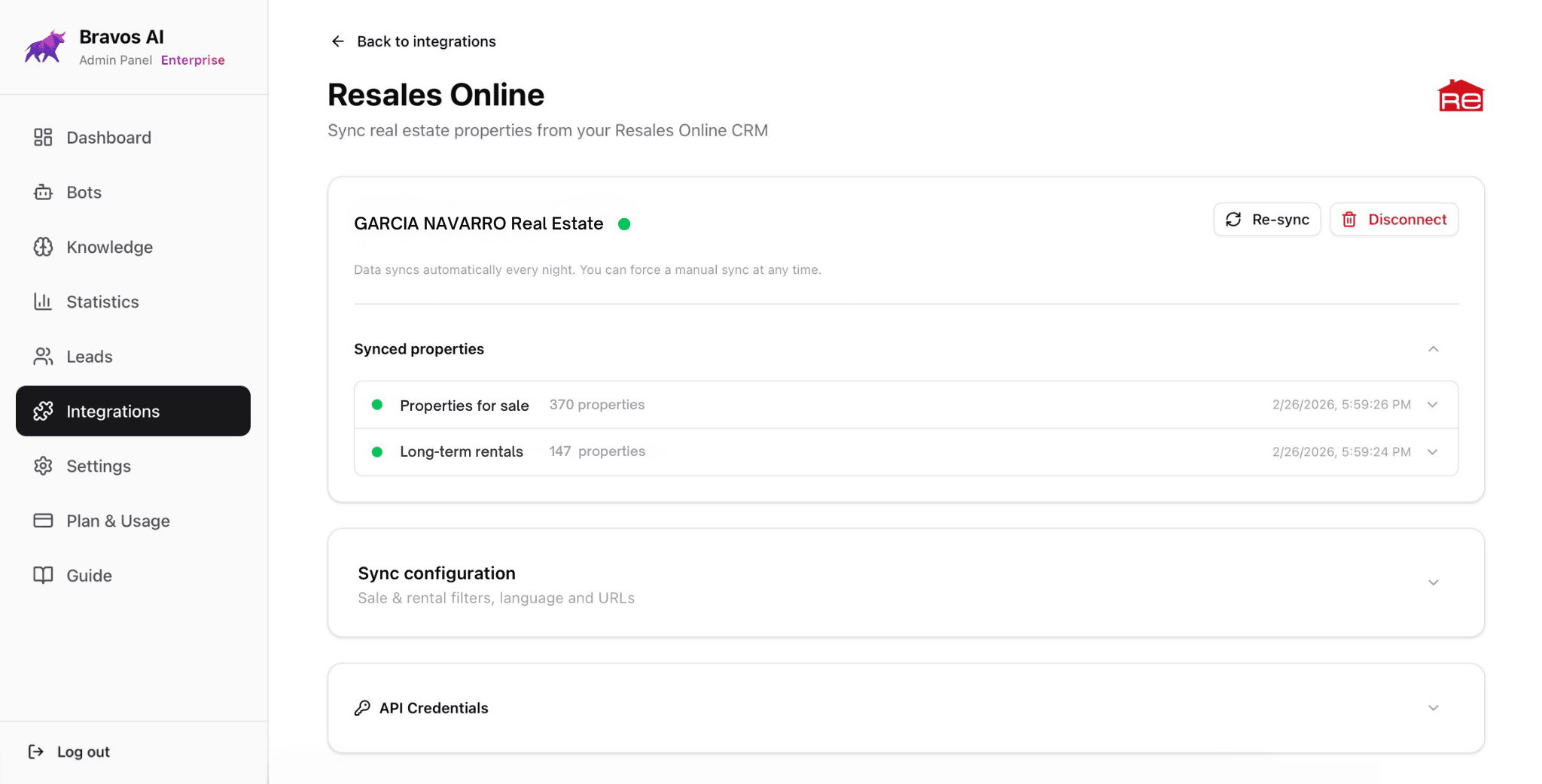 Bravos AI dashboard showing Resales Online integration: 370 properties for sale and 147 long-term rentals synced