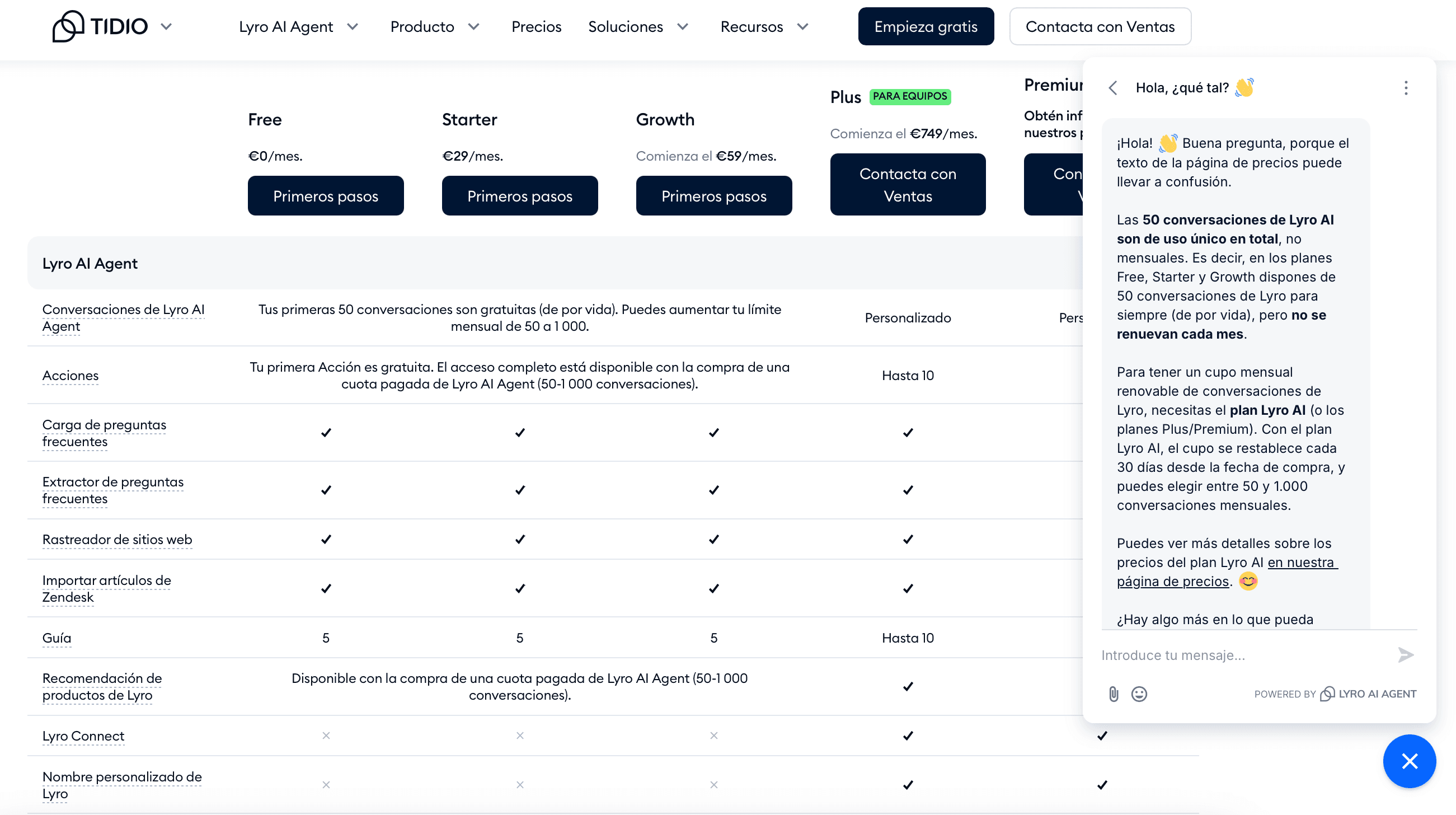 Tabla de planes de Tidio y respuesta de Lyro confesando que las 50 conversaciones de IA son de uso único, no mensuales