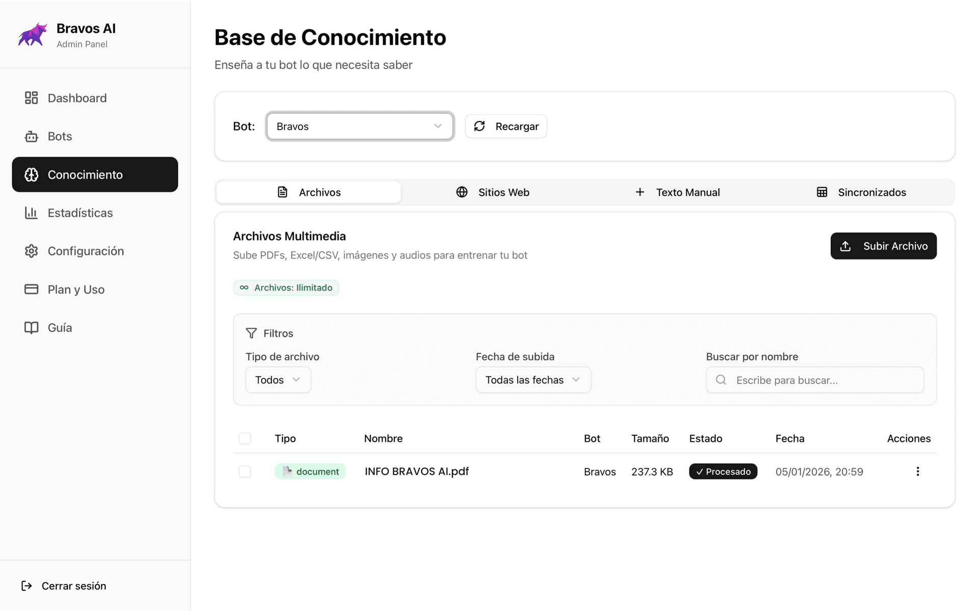 Panel de Bravos AI mostrando opciones para entrenar el chatbot: URLs, PDF y CSV