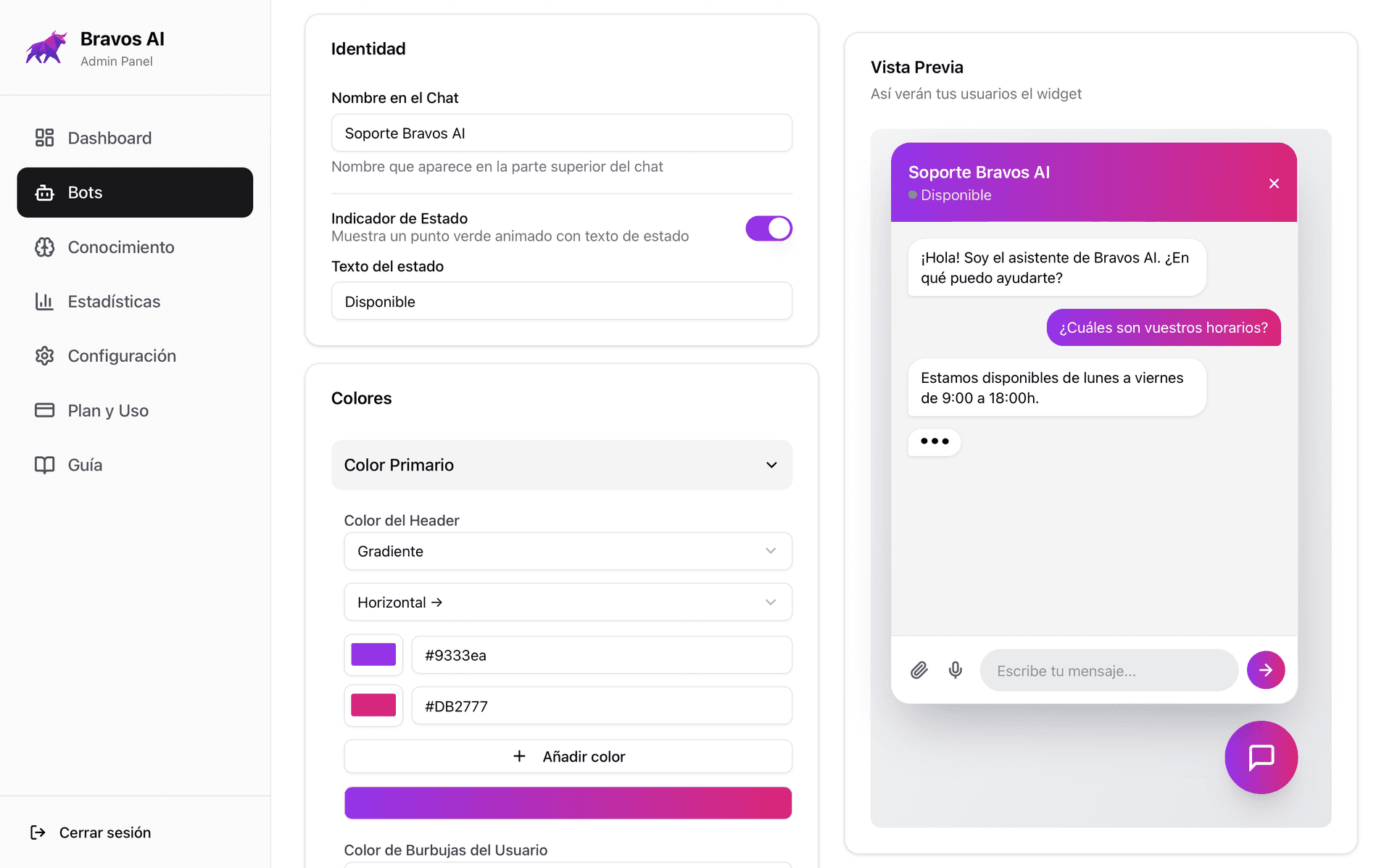 Panel de personalización del chatbot: colores, mensaje de bienvenida y tono de respuestas