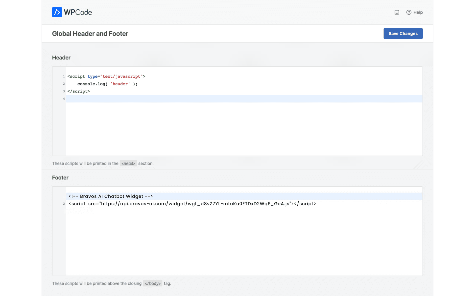 Plugin WPCode en WordPress con el script del chatbot pegado en el Footer